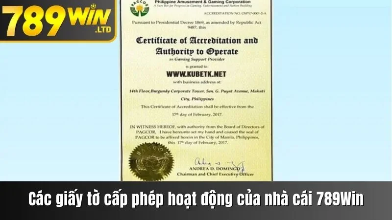 Các giấy tờ cấp phép hoạt động của nhà cái 789win